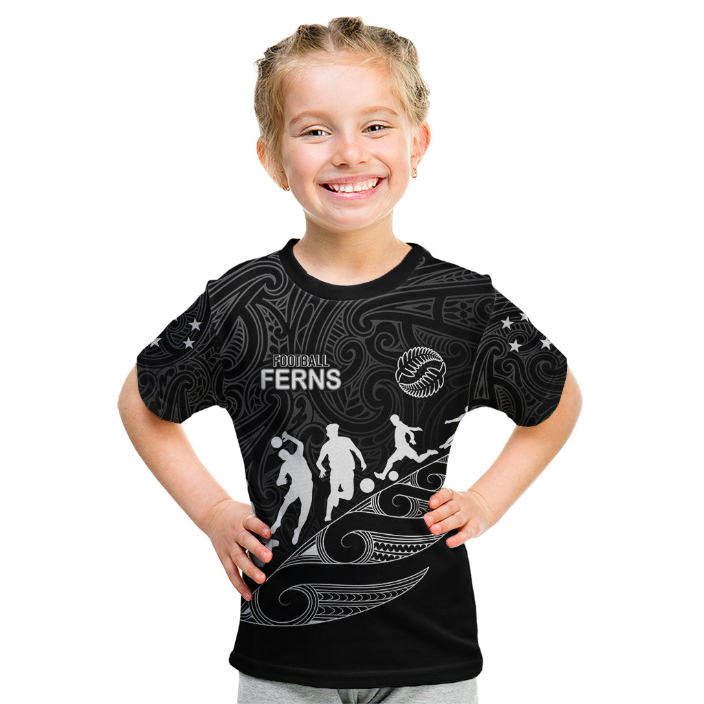 personalised-new-zealand-football-ferns-kid-t-shirt-women-world-cup-2023-tribal-koru-pattern