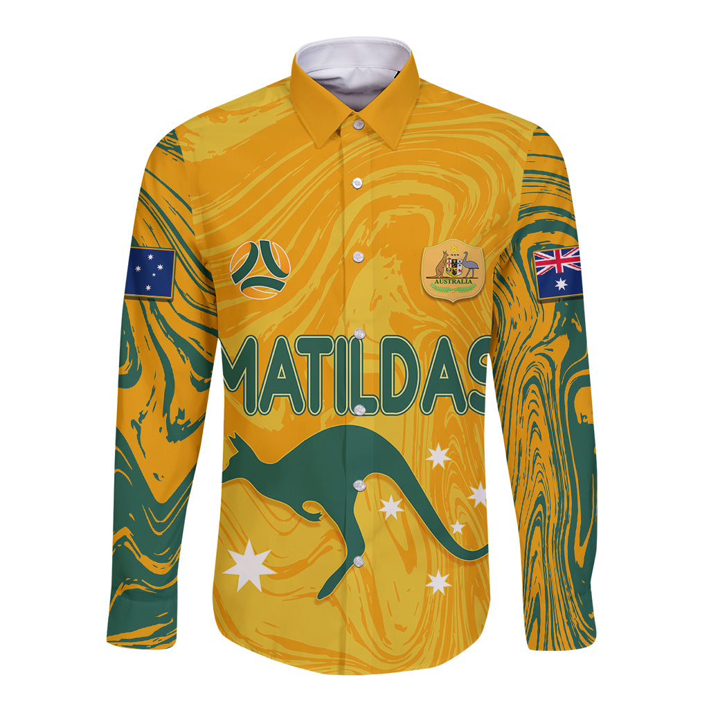 personalised-aussie-matildas-long-sleeve-button-shirt-2023-women-world-cup-marble-patterns