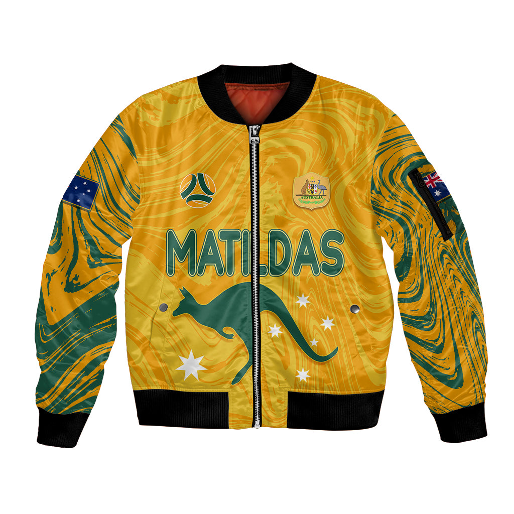 personalised-aussie-matildas-sleeve-zip-bomber-jacket-2023-women-world-cup-marble-patterns