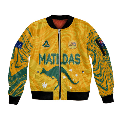 personalised-aussie-matildas-sleeve-zip-bomber-jacket-2023-women-world-cup-marble-patterns