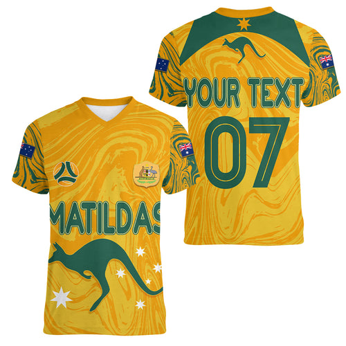 personalised-aussie-matildas-women-v-neck-t-shirt-2023-women-world-cup-marble-patterns