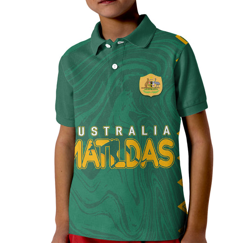 personalised-aussie-matildas-kid-polo-shirt-2023-women-world-cup-marble-patterns-green