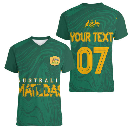 personalised-aussie-matildas-women-v-neck-t-shirt-2023-women-world-cup-marble-patterns-green