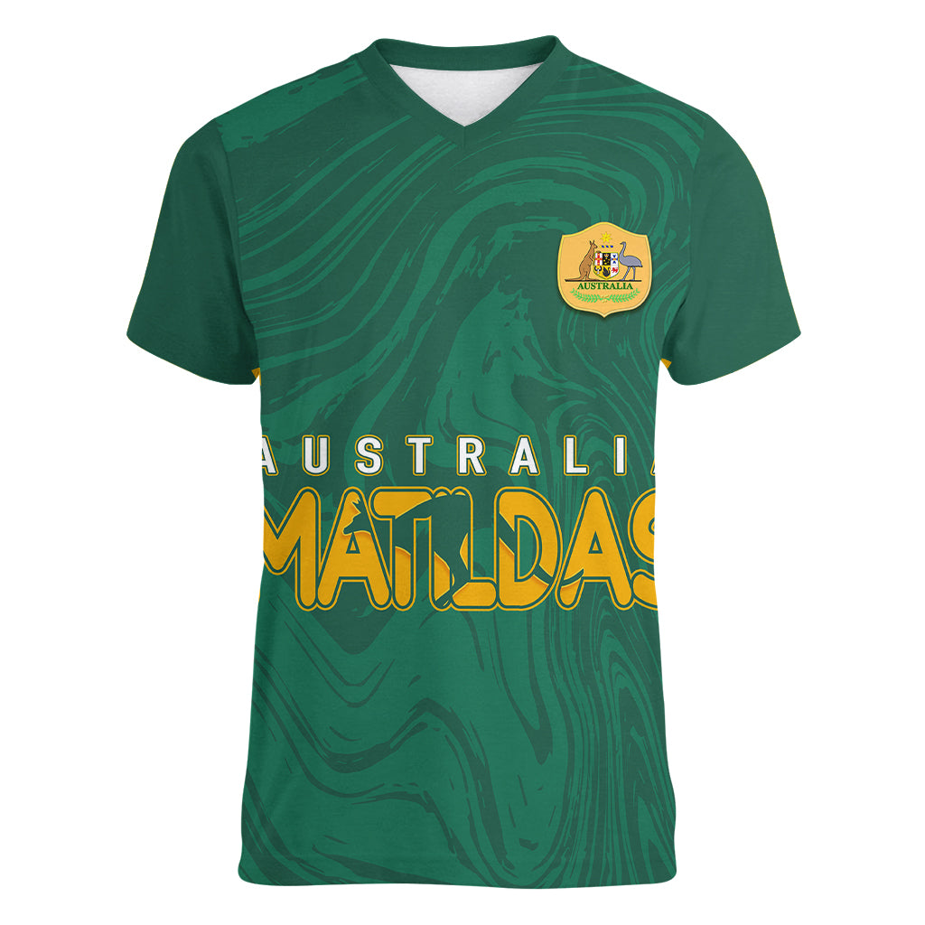 personalised-aussie-matildas-women-v-neck-t-shirt-2023-women-world-cup-marble-patterns-green