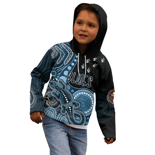 personalised-naidoc-week-2023-afl-blues-kid-hoodie-aboriginal-dot-art-lizard-mix-boomerang