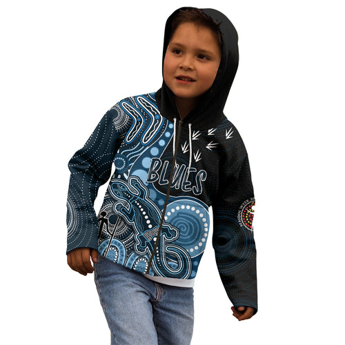personalised-naidoc-week-2023-afl-blues-kid-hoodie-aboriginal-dot-art-lizard-mix-boomerang