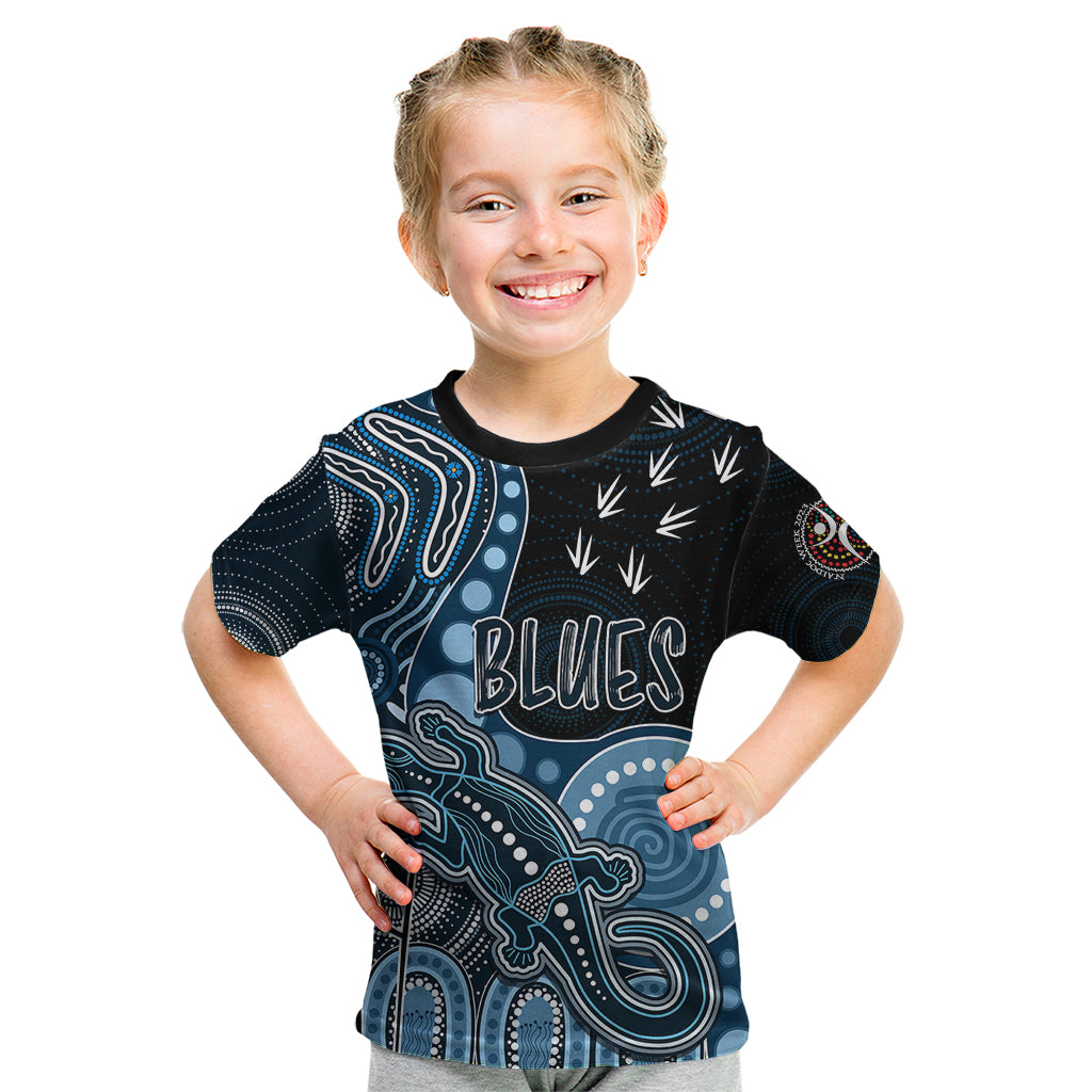 personalised-naidoc-week-2023-afl-blues-kid-t-shirt-aboriginal-dot-art-lizard-mix-boomerang