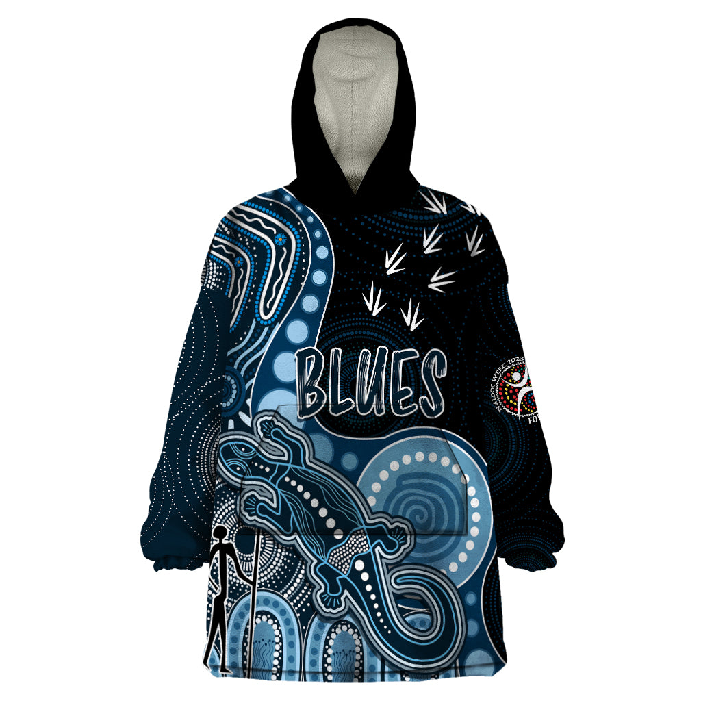 personalised-naidoc-week-2023-afl-blues-wearable-blanket-hoodie-aboriginal-dot-art-lizard-mix-boomerang