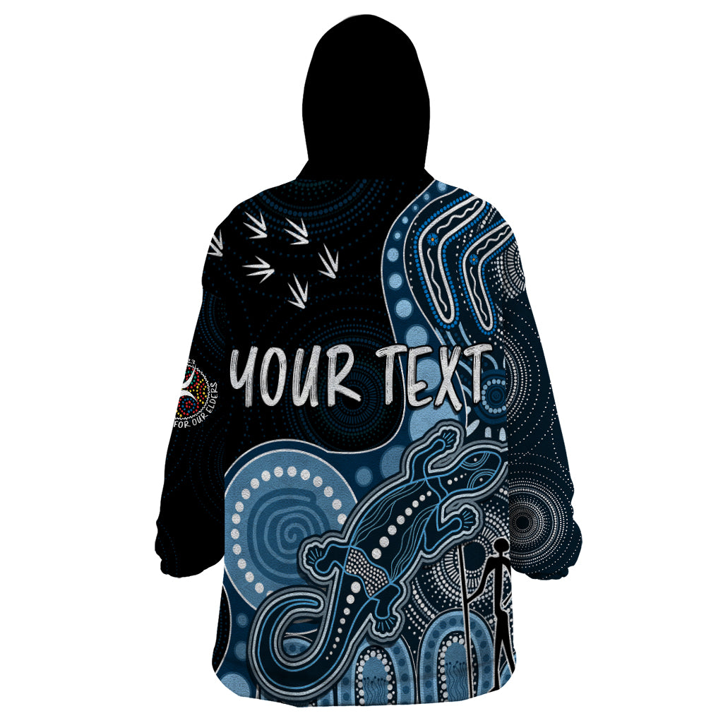 personalised-naidoc-week-2023-afl-blues-wearable-blanket-hoodie-aboriginal-dot-art-lizard-mix-boomerang