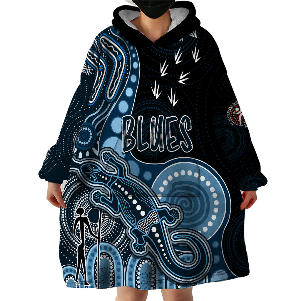 personalised-naidoc-week-2023-afl-blues-wearable-blanket-hoodie-aboriginal-dot-art-lizard-mix-boomerang