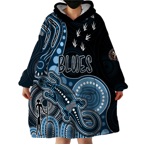 personalised-naidoc-week-2023-afl-blues-wearable-blanket-hoodie-aboriginal-dot-art-lizard-mix-boomerang