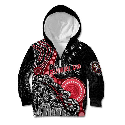 personalised-naidoc-week-2023-afl-bombers-kid-hoodie-aboriginal-dot-art-lizard-mix-boomerang
