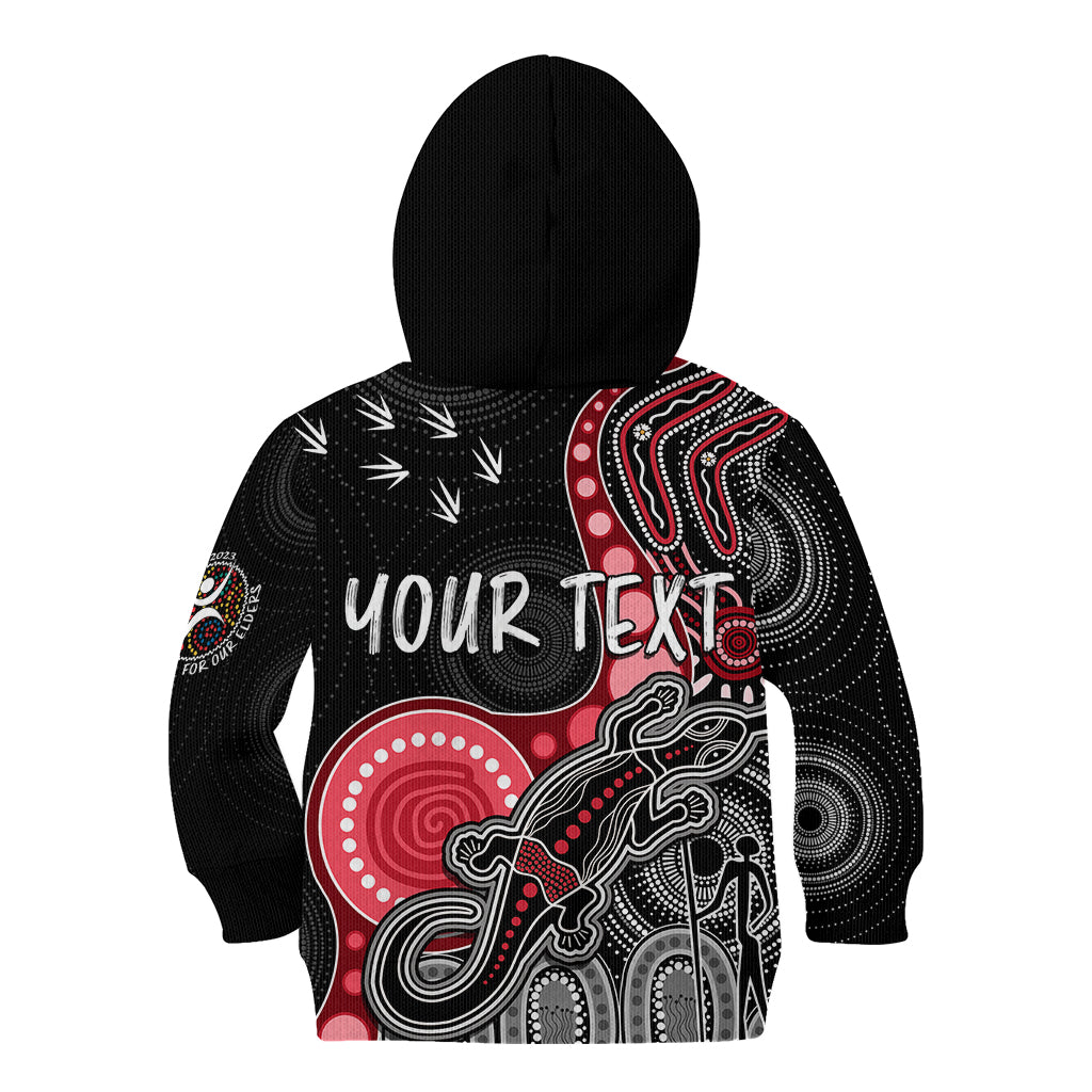 personalised-naidoc-week-2023-afl-bombers-kid-hoodie-aboriginal-dot-art-lizard-mix-boomerang