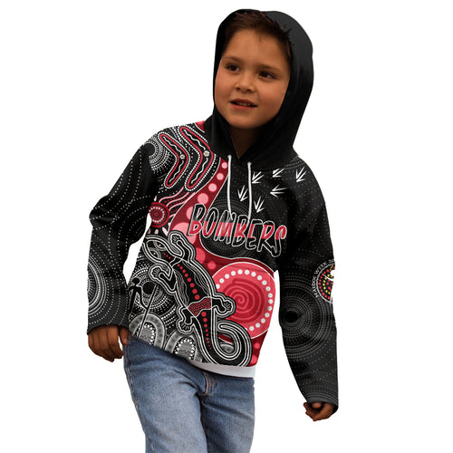 personalised-naidoc-week-2023-afl-bombers-kid-hoodie-aboriginal-dot-art-lizard-mix-boomerang
