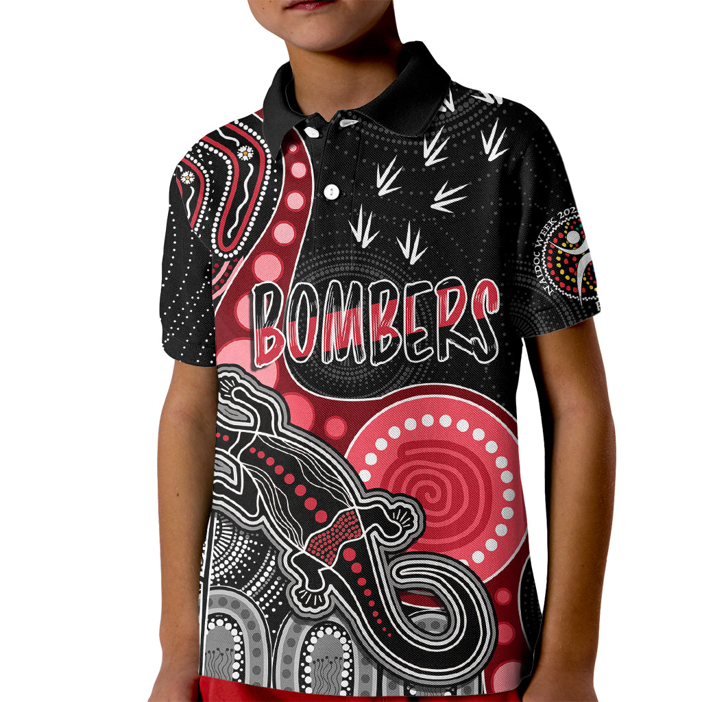 personalised-naidoc-week-2023-afl-bombers-kid-polo-shirt-aboriginal-dot-art-lizard-mix-boomerang