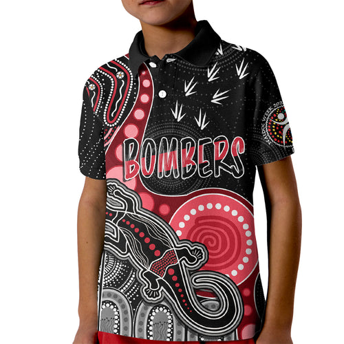 personalised-naidoc-week-2023-afl-bombers-kid-polo-shirt-aboriginal-dot-art-lizard-mix-boomerang