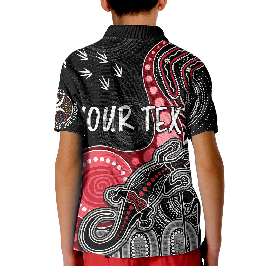 personalised-naidoc-week-2023-afl-bombers-kid-polo-shirt-aboriginal-dot-art-lizard-mix-boomerang