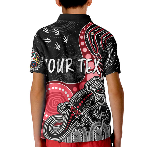 personalised-naidoc-week-2023-afl-bombers-kid-polo-shirt-aboriginal-dot-art-lizard-mix-boomerang