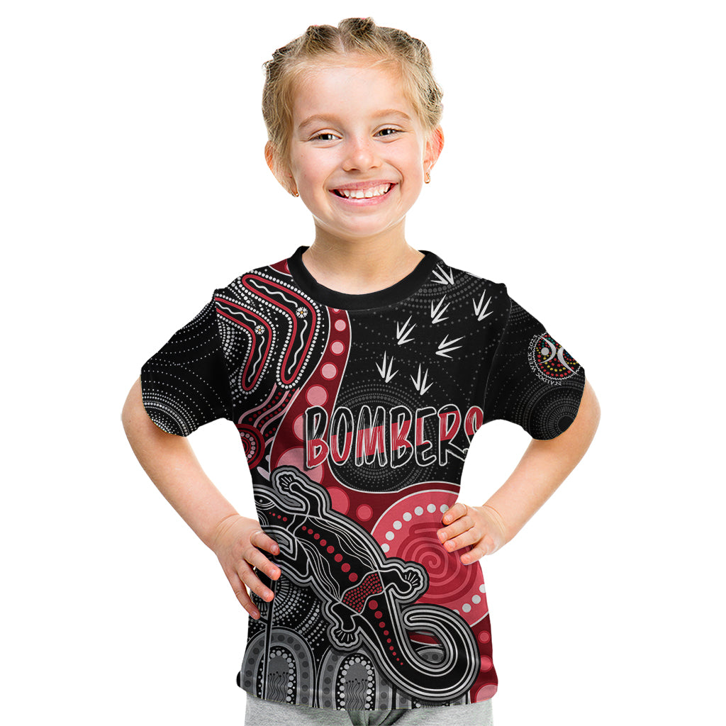 personalised-naidoc-week-2023-afl-bombers-kid-t-shirt-aboriginal-dot-art-lizard-mix-boomerang