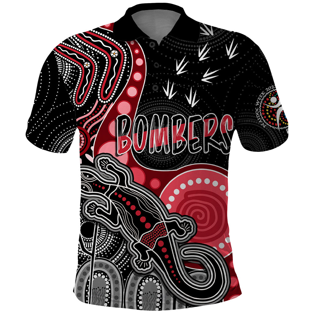 personalised-naidoc-week-2023-afl-bombers-polo-shirt-aboriginal-dot-art-lizard-mix-boomerang