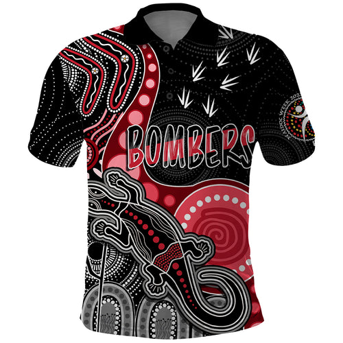 personalised-naidoc-week-2023-afl-bombers-polo-shirt-aboriginal-dot-art-lizard-mix-boomerang
