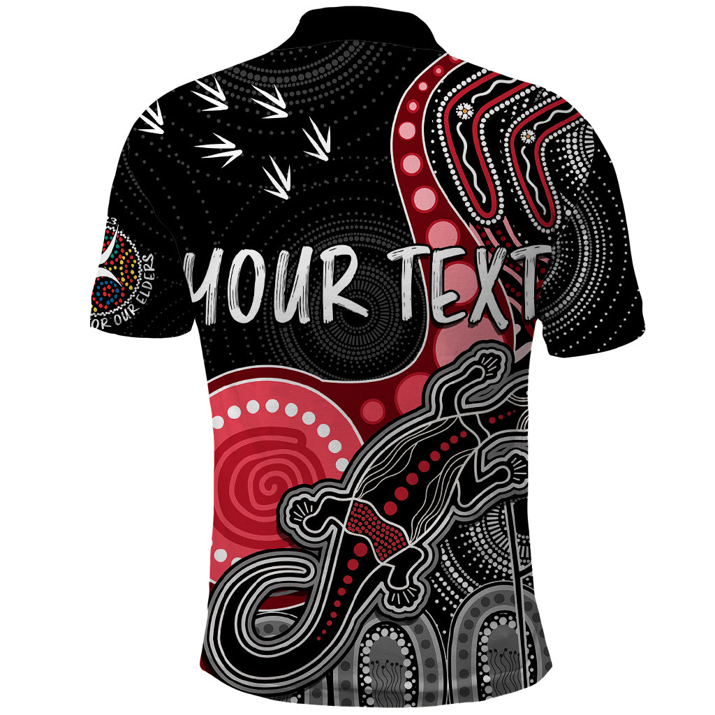 personalised-naidoc-week-2023-afl-bombers-polo-shirt-aboriginal-dot-art-lizard-mix-boomerang