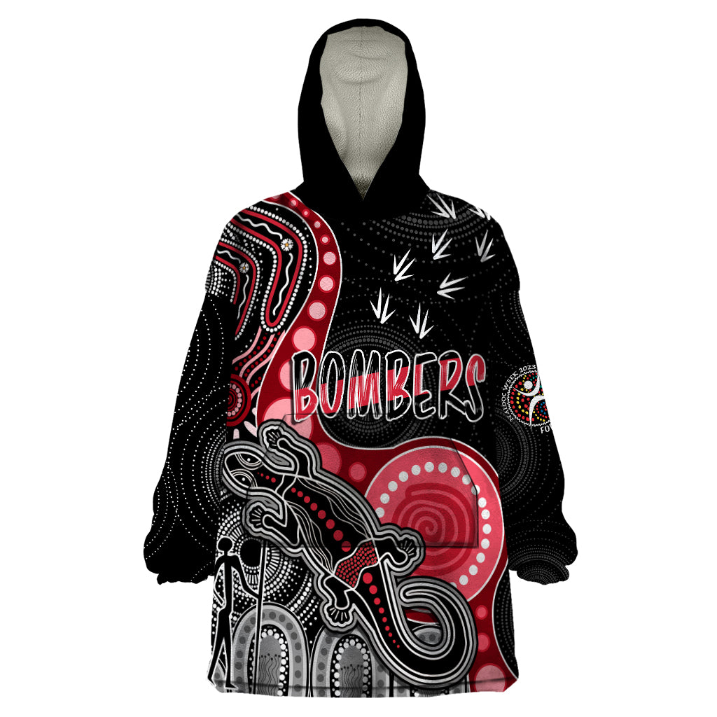 personalised-naidoc-week-2023-afl-bombers-wearable-blanket-hoodie-aboriginal-dot-art-lizard-mix-boomerang