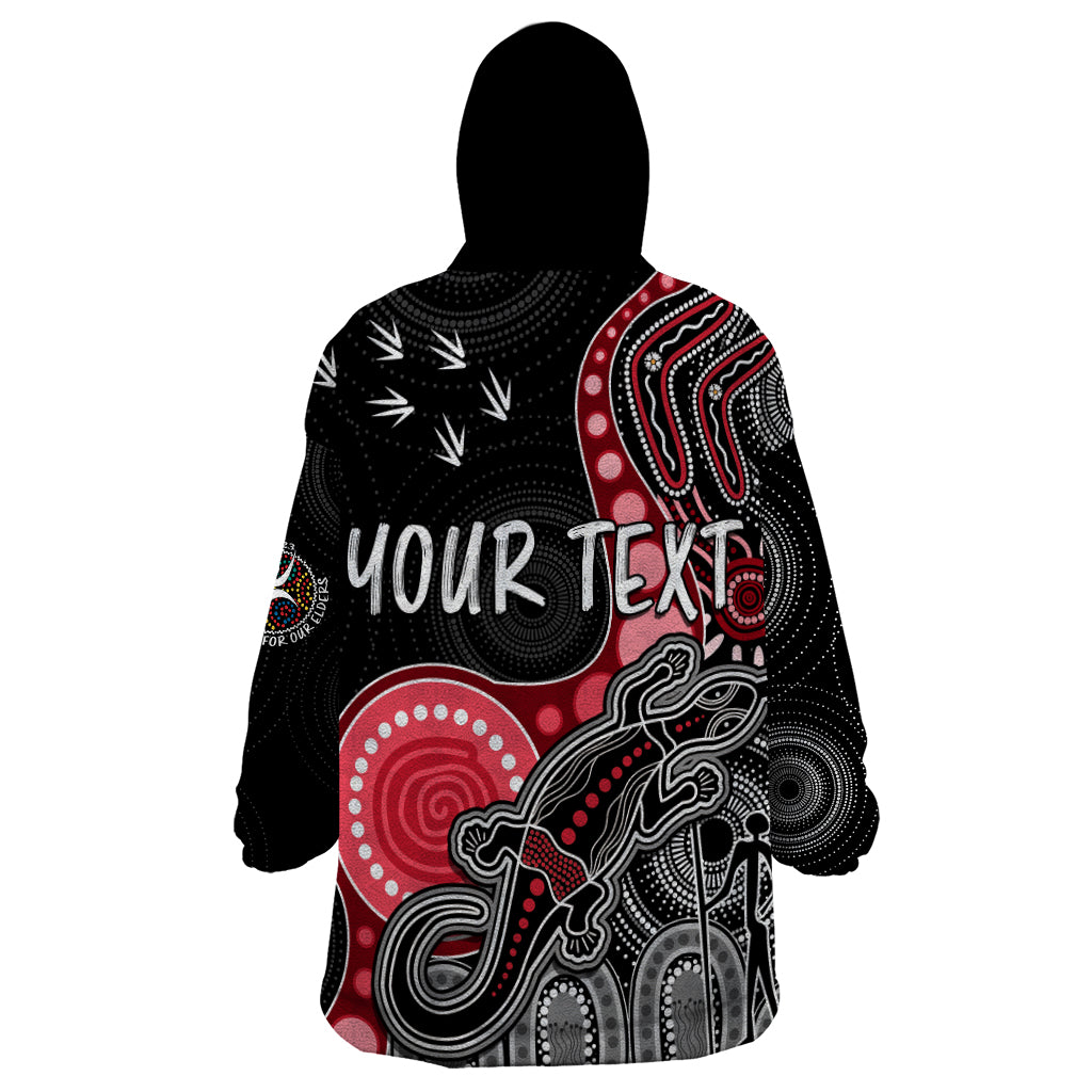 personalised-naidoc-week-2023-afl-bombers-wearable-blanket-hoodie-aboriginal-dot-art-lizard-mix-boomerang