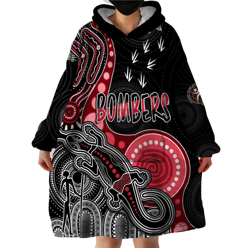 personalised-naidoc-week-2023-afl-bombers-wearable-blanket-hoodie-aboriginal-dot-art-lizard-mix-boomerang
