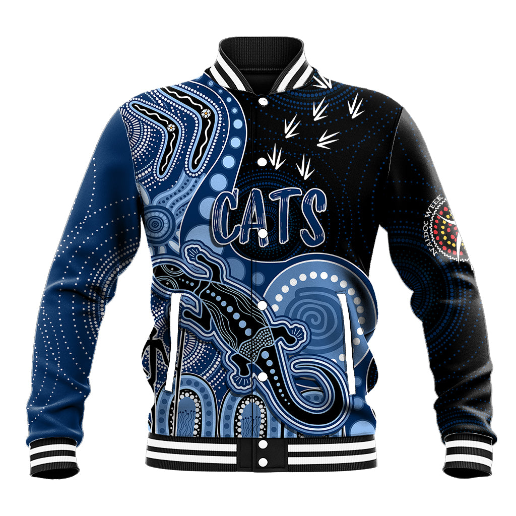 personalised-naidoc-week-2023-afl-cats-baseball-jacket-aboriginal-dot-art-lizard-mix-boomerang