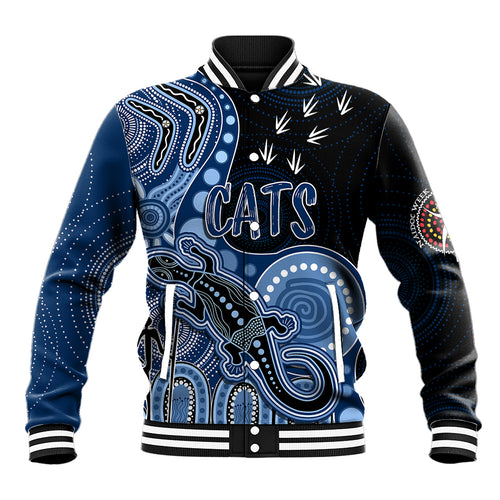 personalised-naidoc-week-2023-afl-cats-baseball-jacket-aboriginal-dot-art-lizard-mix-boomerang