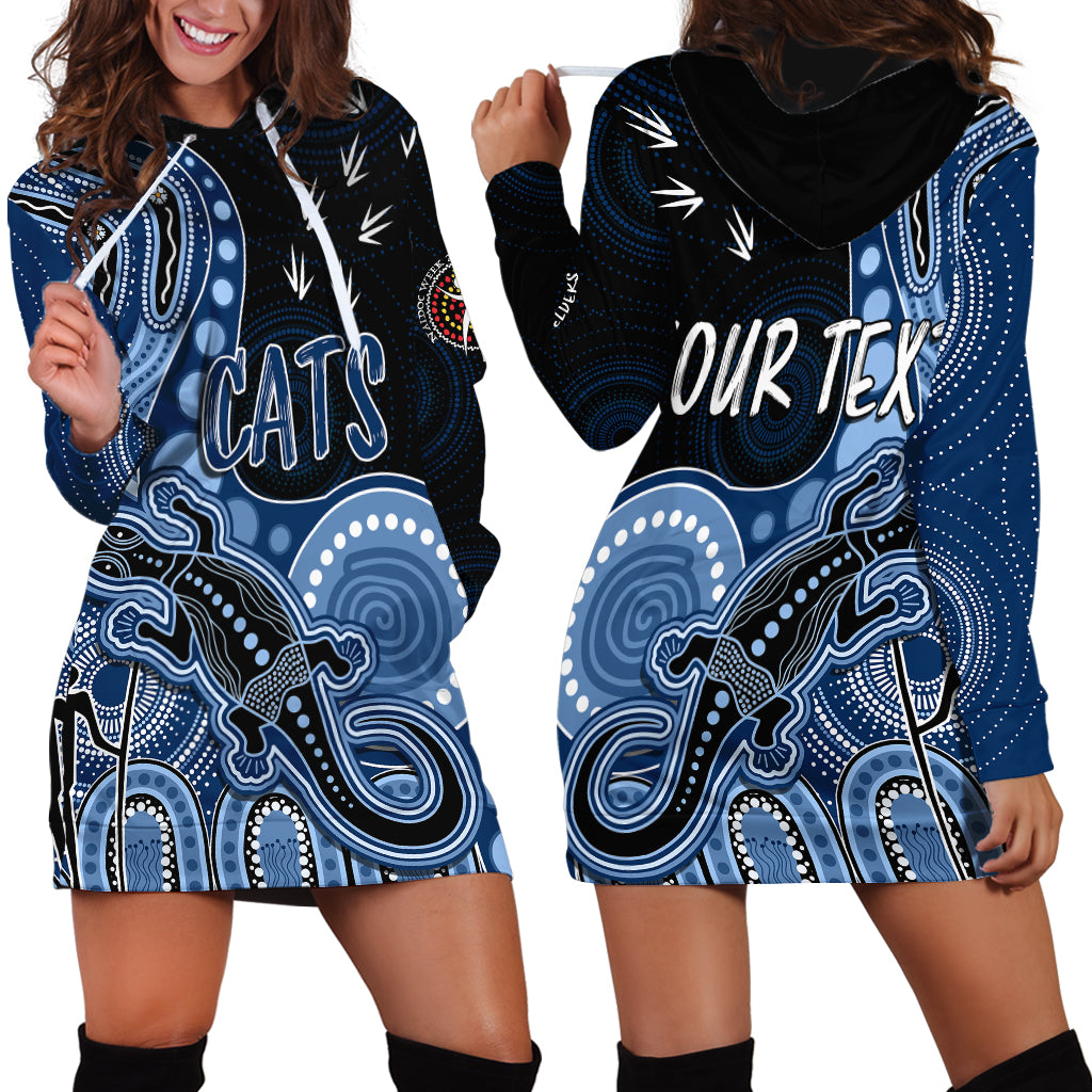 personalised-naidoc-week-2023-afl-cats-hoodie-dress-aboriginal-dot-art-lizard-mix-boomerang