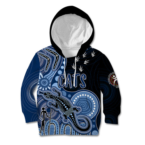 personalised-naidoc-week-2023-afl-cats-kid-hoodie-aboriginal-dot-art-lizard-mix-boomerang