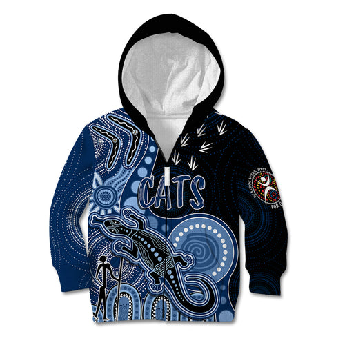 personalised-naidoc-week-2023-afl-cats-kid-hoodie-aboriginal-dot-art-lizard-mix-boomerang