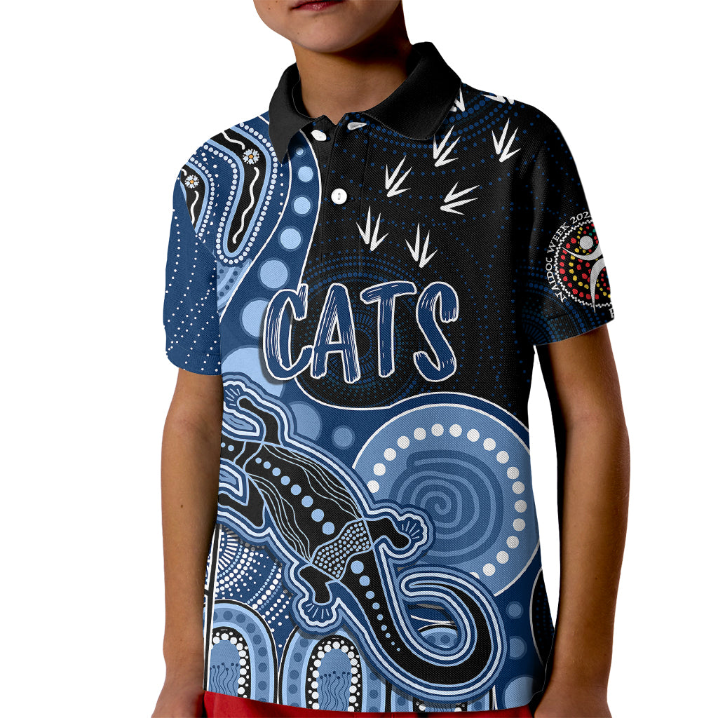 personalised-naidoc-week-2023-afl-cats-kid-polo-shirt-aboriginal-dot-art-lizard-mix-boomerang