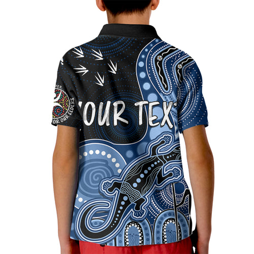 personalised-naidoc-week-2023-afl-cats-kid-polo-shirt-aboriginal-dot-art-lizard-mix-boomerang