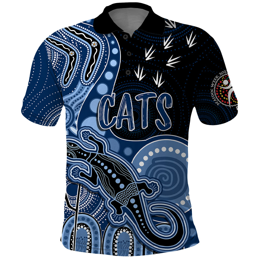 personalised-naidoc-week-2023-afl-cats-polo-shirt-aboriginal-dot-art-lizard-mix-boomerang