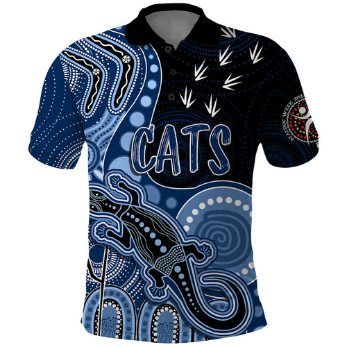 personalised-naidoc-week-2023-afl-cats-polo-shirt-aboriginal-dot-art-lizard-mix-boomerang