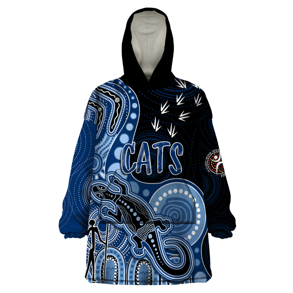 personalised-naidoc-week-2023-afl-cats-wearable-blanket-hoodie-aboriginal-dot-art-lizard-mix-boomerang