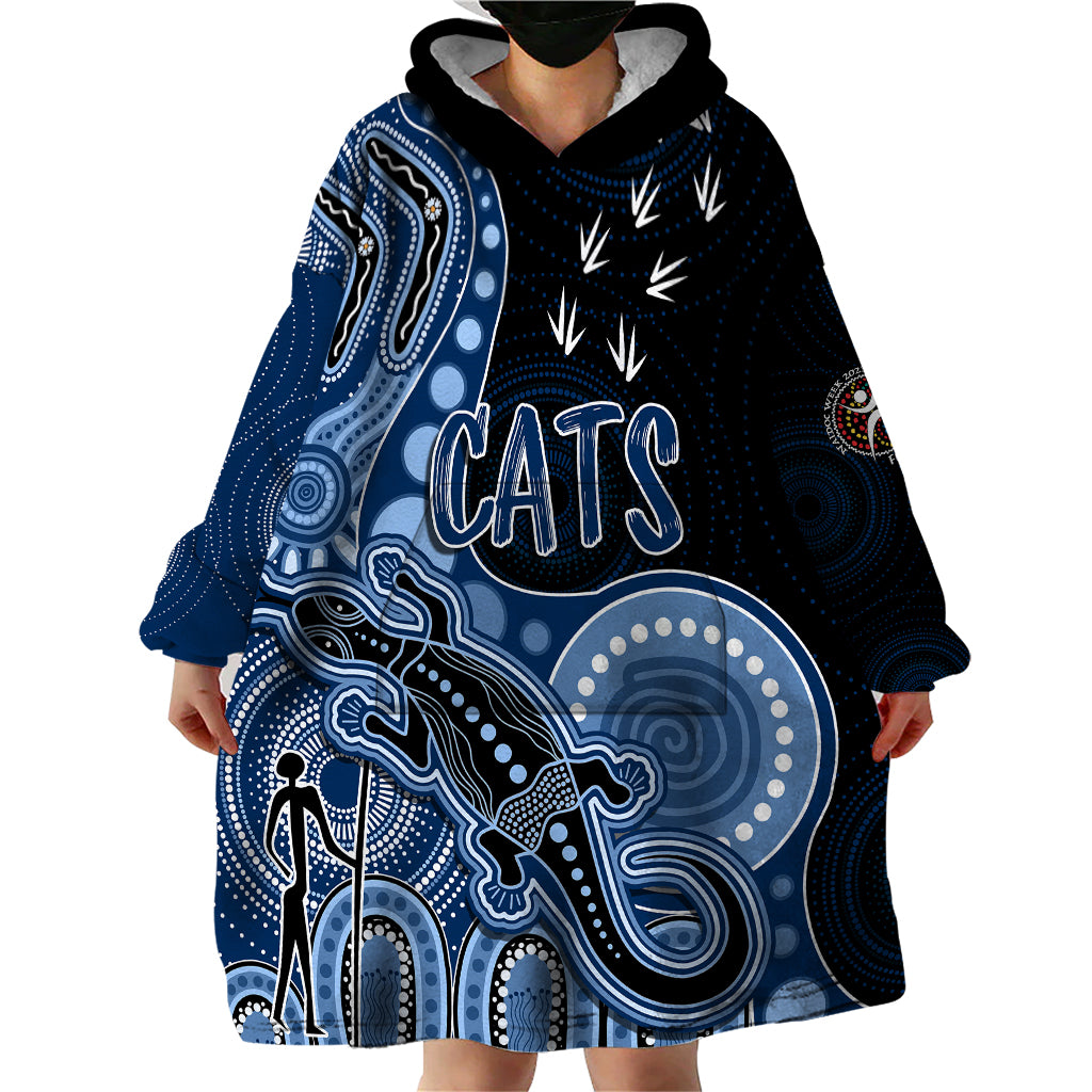 personalised-naidoc-week-2023-afl-cats-wearable-blanket-hoodie-aboriginal-dot-art-lizard-mix-boomerang