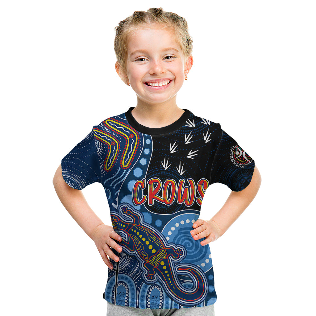 personalised-naidoc-week-2023-afl-crows-kid-t-shirt-aboriginal-dot-art-lizard-mix-boomerang