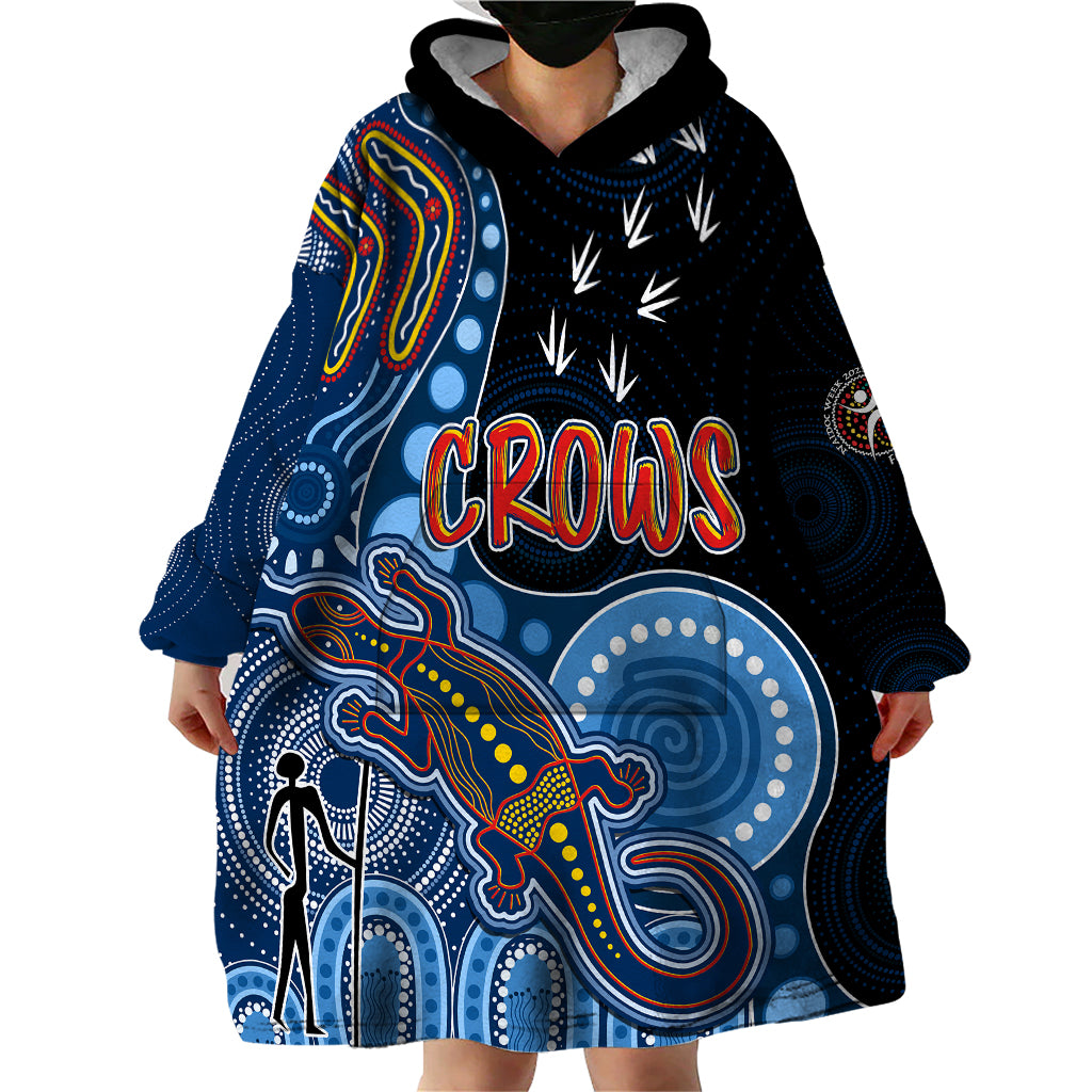 personalised-naidoc-week-2023-afl-crows-wearable-blanket-hoodie-aboriginal-dot-art-lizard-mix-boomerang
