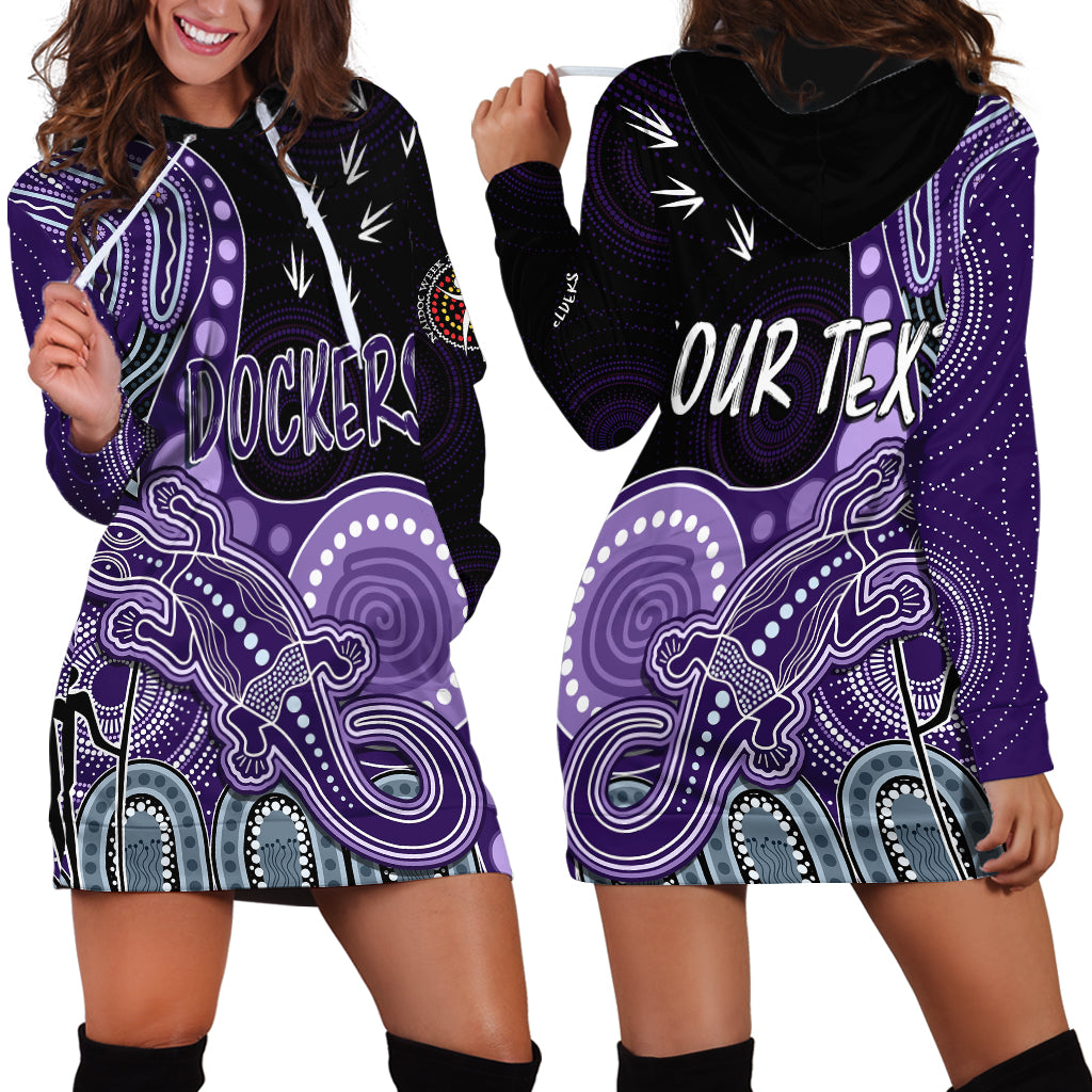 personalised-naidoc-week-2023-afl-dockers-hoodie-dress-aboriginal-dot-art-lizard-mix-boomerang