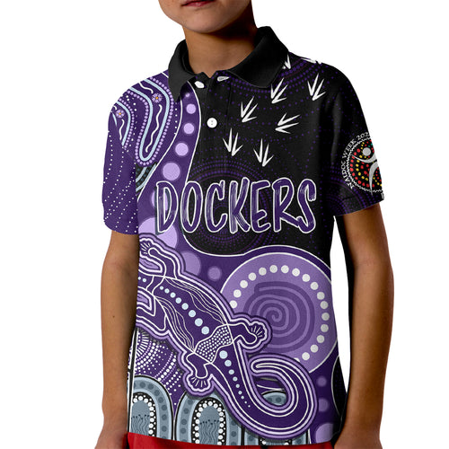 personalised-naidoc-week-2023-afl-dockers-kid-polo-shirt-aboriginal-dot-art-lizard-mix-boomerang