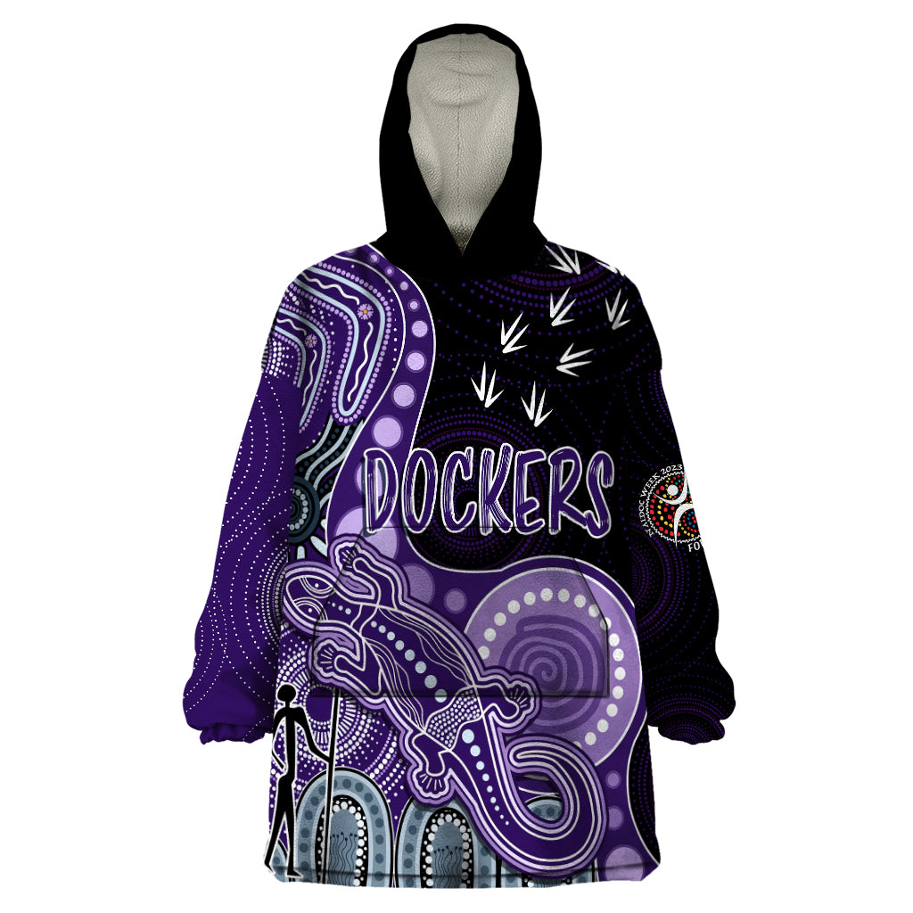 personalised-naidoc-week-2023-afl-dockers-wearable-blanket-hoodie-aboriginal-dot-art-lizard-mix-boomerang