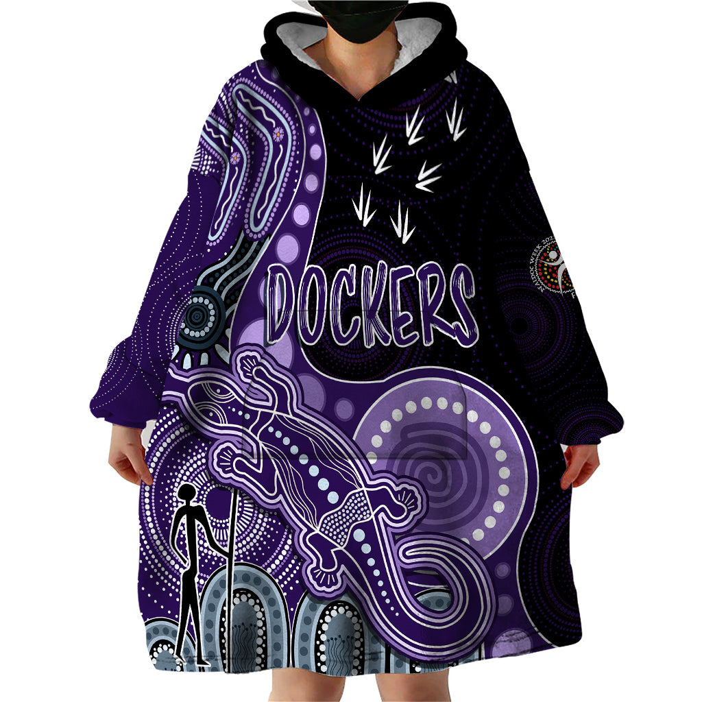 personalised-naidoc-week-2023-afl-dockers-wearable-blanket-hoodie-aboriginal-dot-art-lizard-mix-boomerang