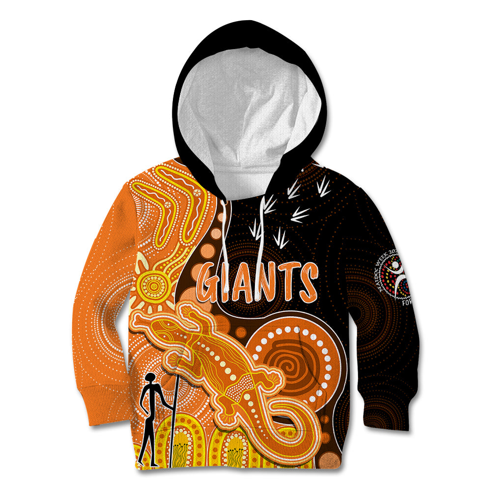 personalised-naidoc-week-2023-afl-giants-kid-hoodie-aboriginal-dot-art-lizard-mix-boomerang