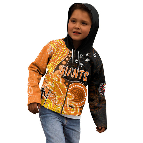 personalised-naidoc-week-2023-afl-giants-kid-hoodie-aboriginal-dot-art-lizard-mix-boomerang