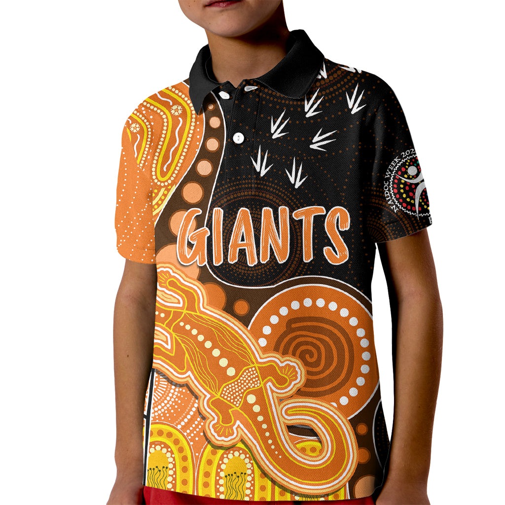 personalised-naidoc-week-2023-afl-giants-kid-polo-shirt-aboriginal-dot-art-lizard-mix-boomerang