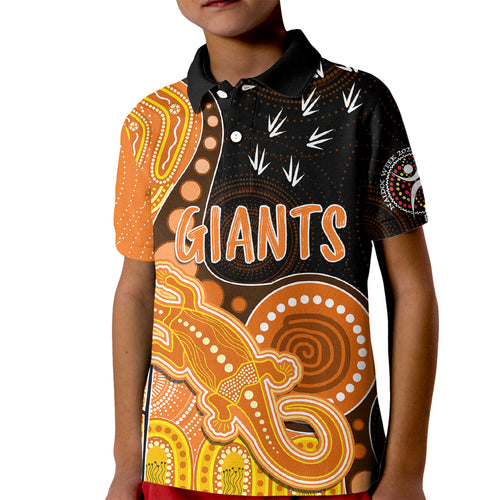 personalised-naidoc-week-2023-afl-giants-kid-polo-shirt-aboriginal-dot-art-lizard-mix-boomerang